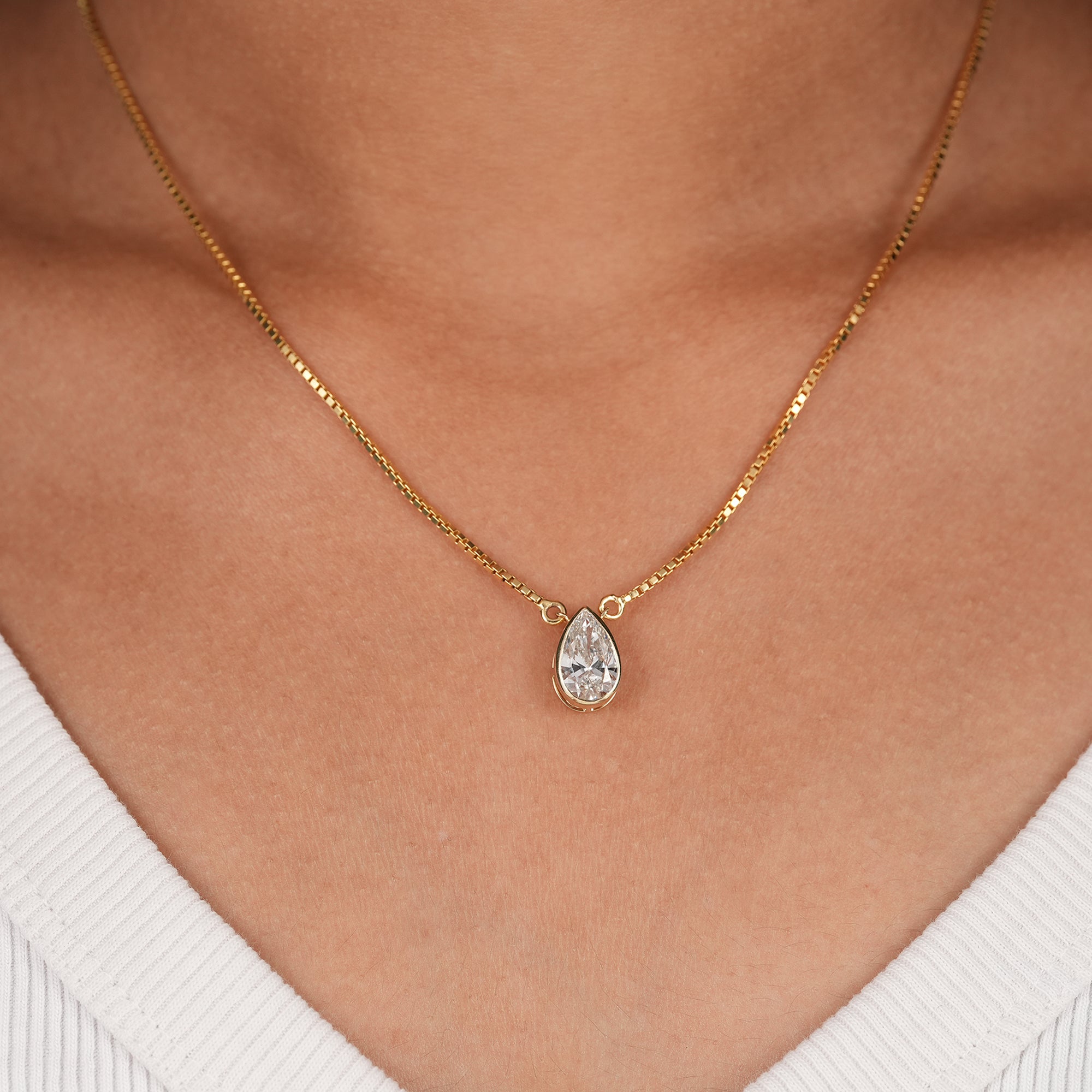 Bezel Set Pear Cut Lab Grown Diamond Solitaire Pendant Necklace